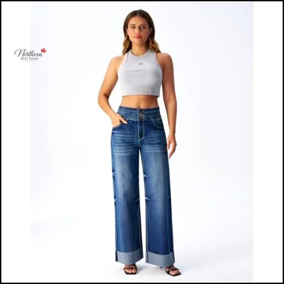 High Waisted Stretchy Wide Leg Jeans, Cuffed Baggy Denim Pants, 29.92 Inseam - Picture 3 of 7
